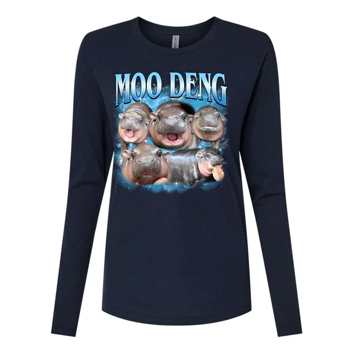 Blue Moo Deng Meme Hippo Funny Womens Cotton Relaxed Long Sleeve T-Shirt