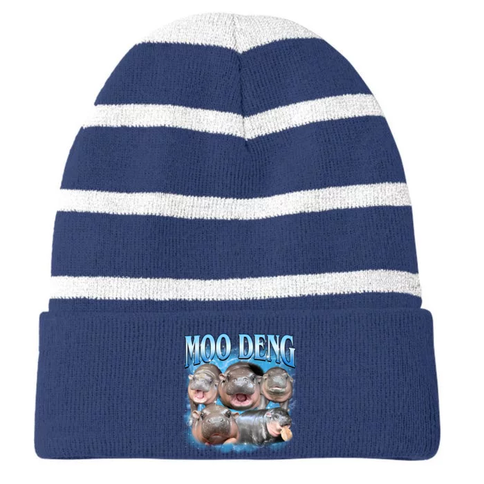 Blue Moo Deng Meme Hippo Funny Striped Beanie with Solid Band