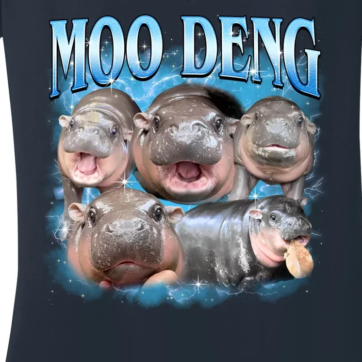 Blue Moo Deng Meme Hippo Funny Women's V-Neck T-Shirt