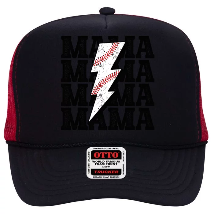 Baseball Mama Distressed Lightning Bolt Mom High Crown Mesh Trucker Hat