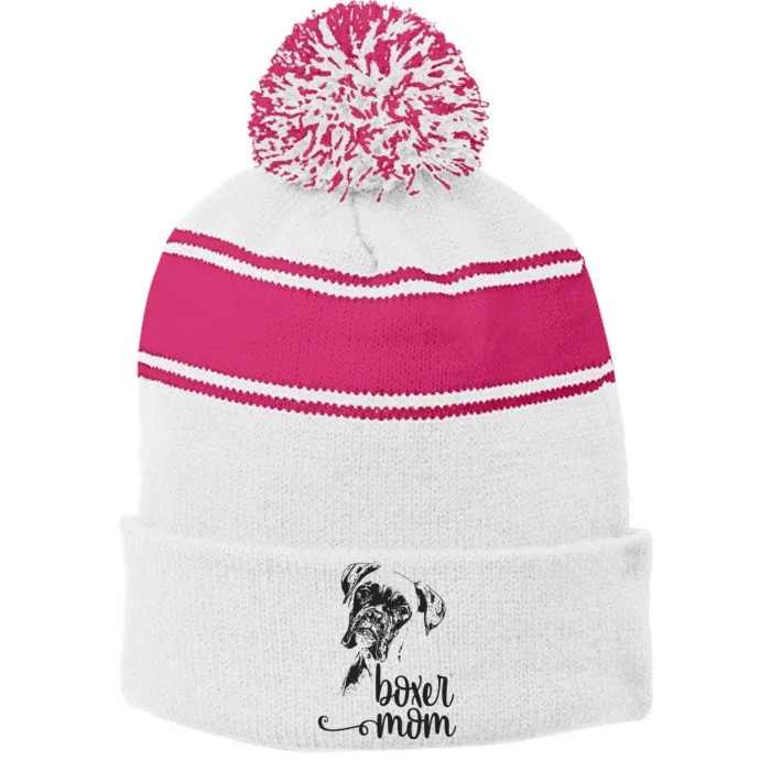 BOXER MOM DOG FACE DOG LOVERS BOXER MOM GIFT Stripe Pom Pom Beanie