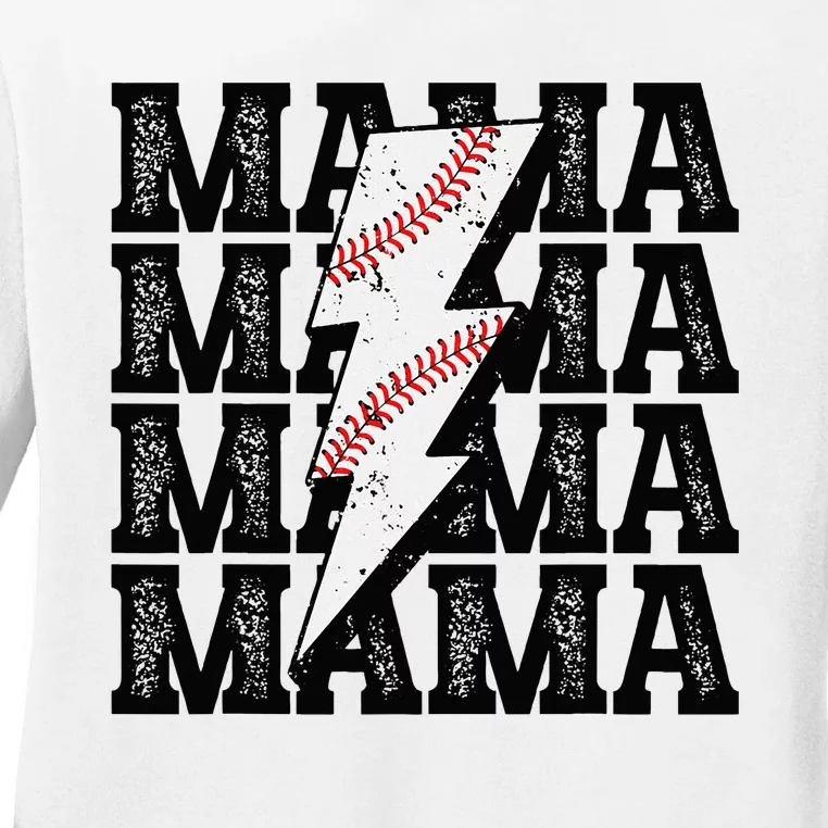 Baseball Mama Distressed Lightning Bolt Mom Ladies Long Sleeve Shirt