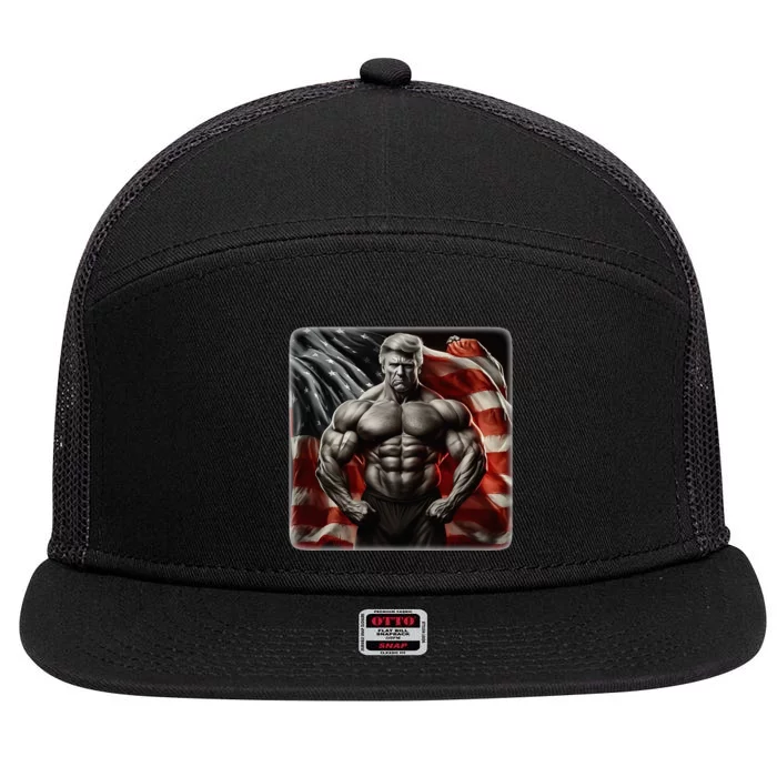 Buff Muscle Donald Trump American Flag Illustration Proud 7 Panel Mesh Trucker Snapback Hat