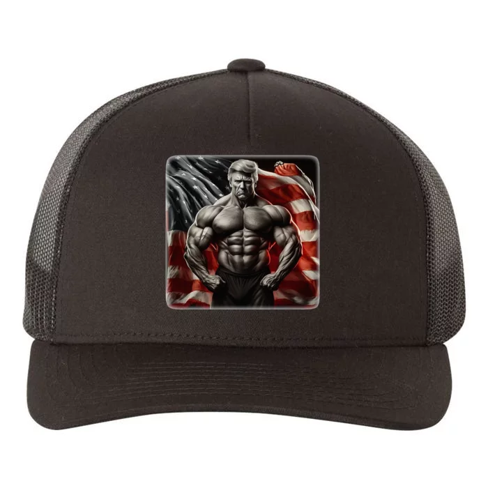 Buff Muscle Donald Trump American Flag Illustration Proud Yupoong Adult 5-Panel Trucker Hat