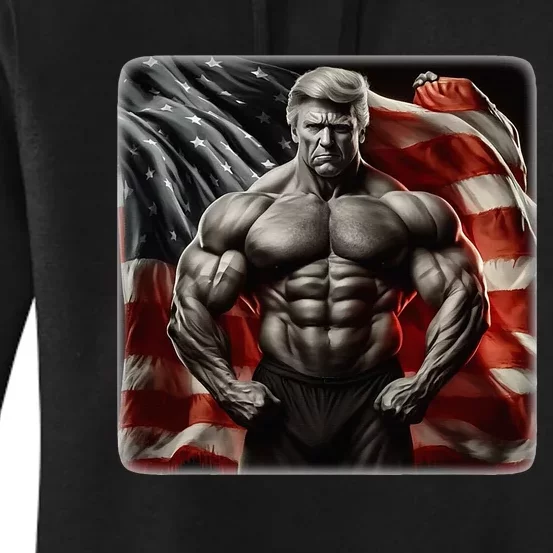 Buff Muscle Donald Trump American Flag Illustration Proud Women's Pullover Hoodie