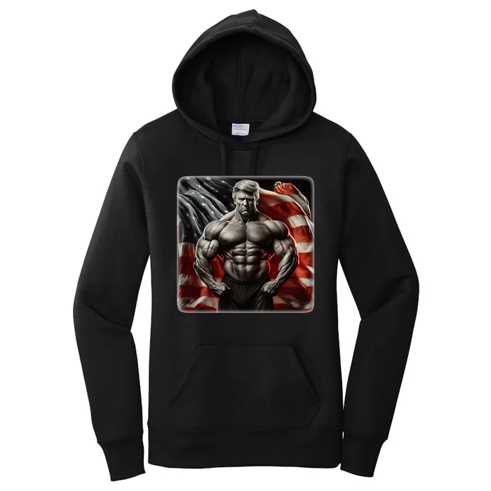 Buff Muscle Donald Trump American Flag Illustration Proud Women's Pullover Hoodie