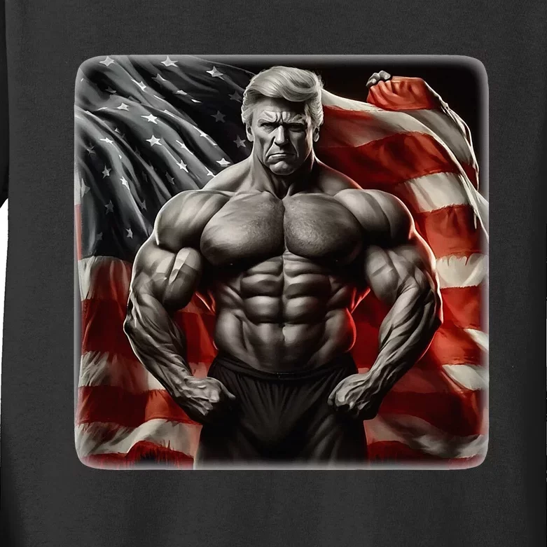 Buff Muscle Donald Trump American Flag Illustration Proud Kids Long Sleeve Shirt