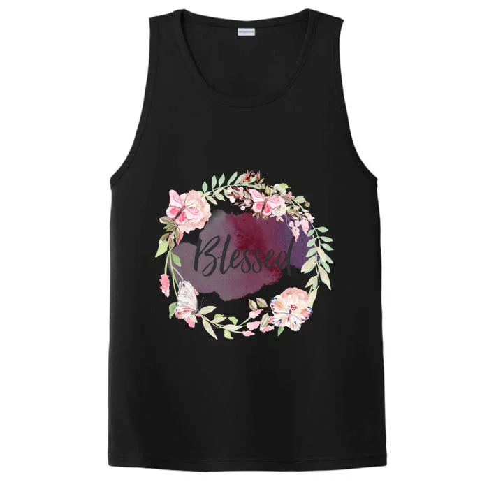 Blessed Mothers Day Watercolor Butterfly Flower Wreath Gift Performance Tank