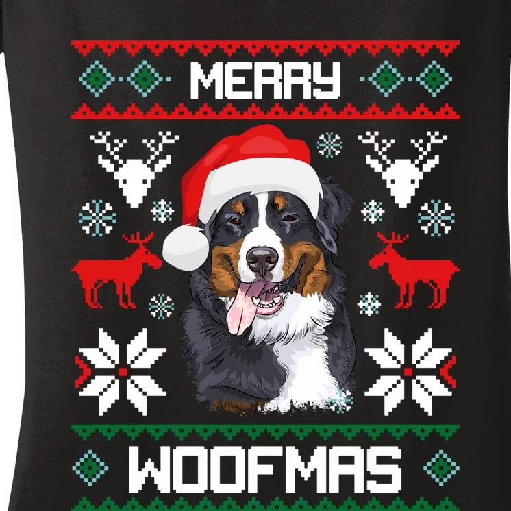 Bernese Mountain Dog Gift For Merry Christmas Woofmas Berner Women's V-Neck T-Shirt