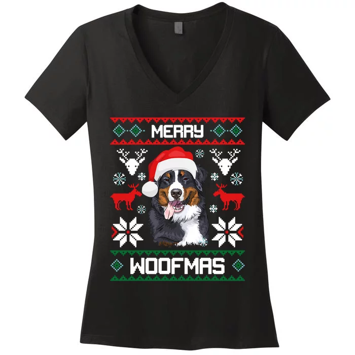 Bernese Mountain Dog Gift For Merry Christmas Woofmas Berner Women's V-Neck T-Shirt