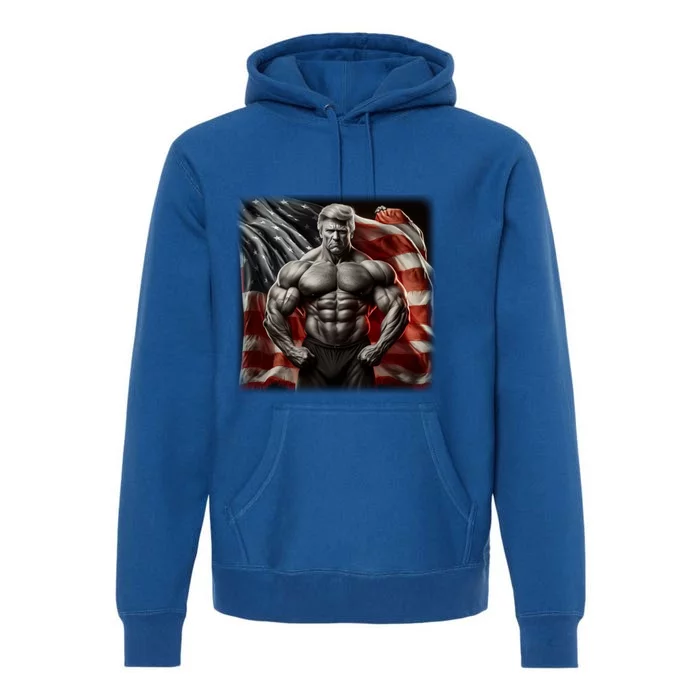 Buff Muscle Donald Trump American Flag Illustration Proud Funny Gift Premium Hoodie