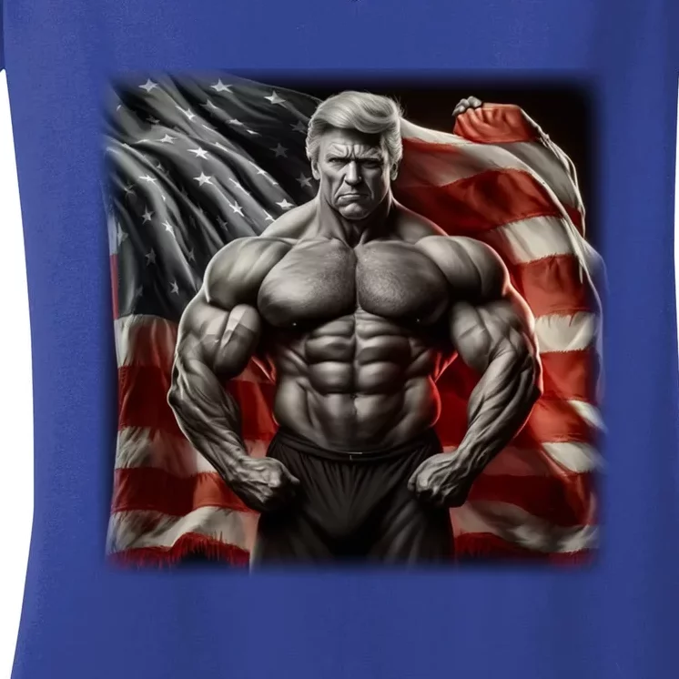 Buff Muscle Donald Trump American Flag Illustration Proud Funny Gift Women's V-Neck T-Shirt