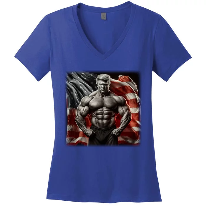 Buff Muscle Donald Trump American Flag Illustration Proud Funny Gift Women's V-Neck T-Shirt