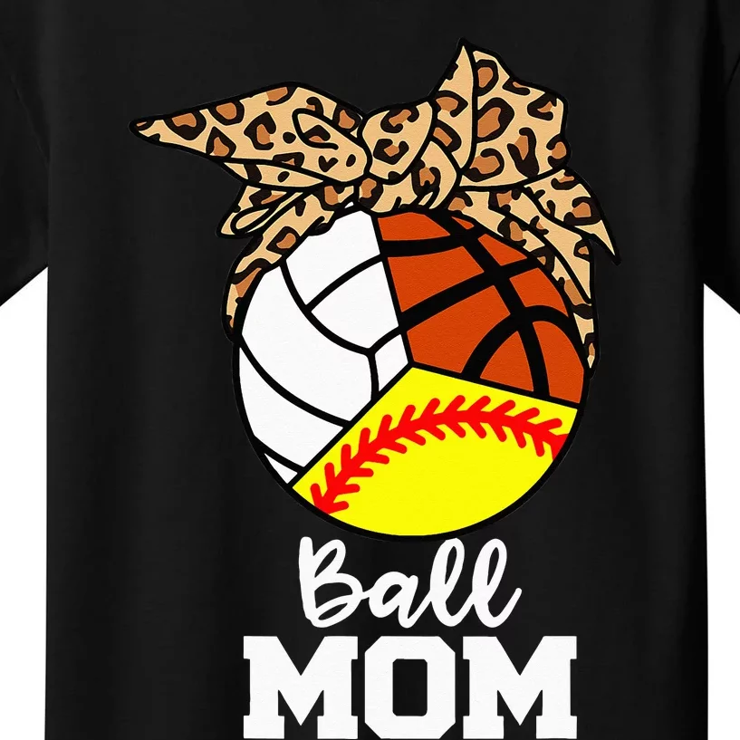 Ball Mom Funny Softball Volleyball Basketball Leopard Mom Kids T-Shirt