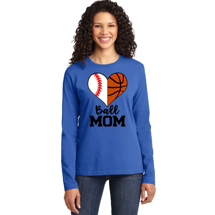 Ball Mom Funny Baseball Basketball Player Mom Funny Gift Ladies Long Sleeve Shirt