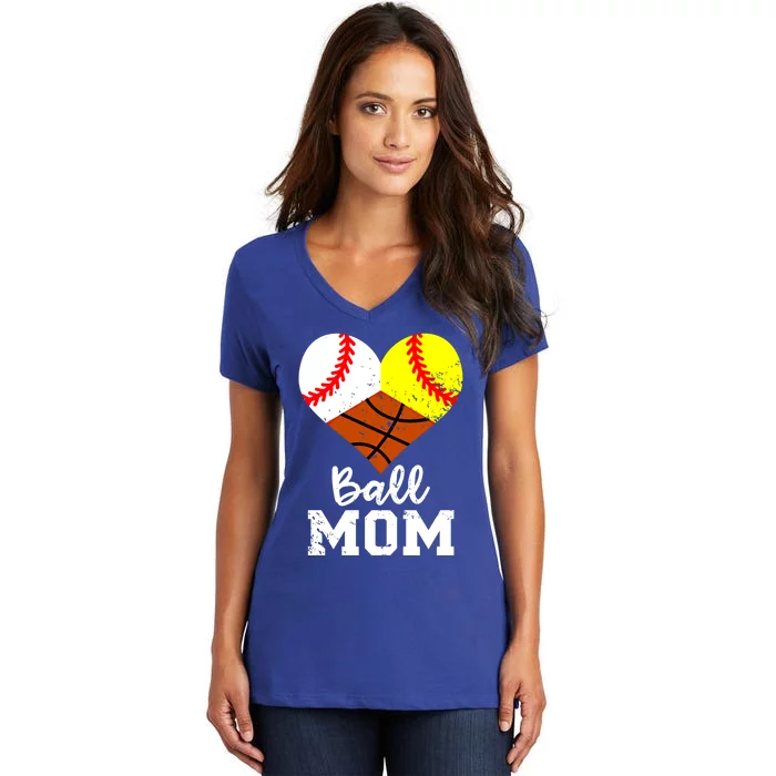 Ball Mom Funny Baseball Softball Basketball Mom Gift Women's V-Neck T-Shirt