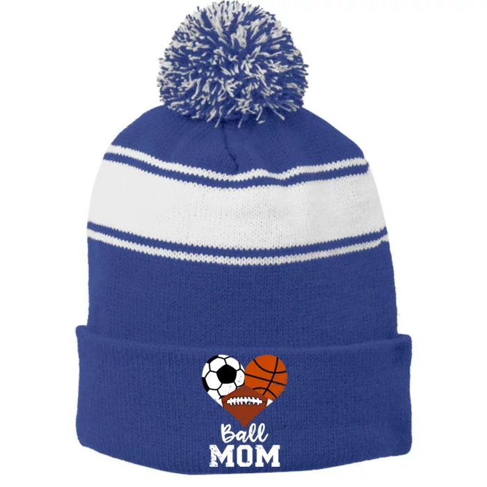 Ball Mom Funny Basketball Football Soccer Mom Gift Stripe Pom Pom Beanie