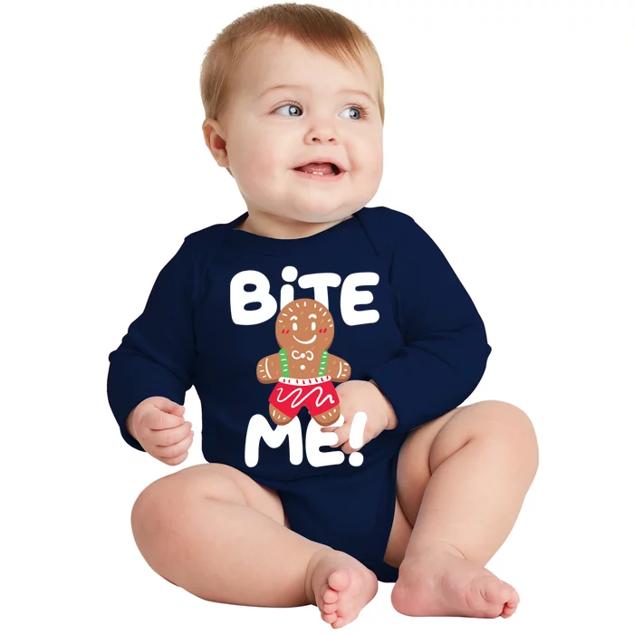 Bite Me Funny Christmas Ginger Bread Funny Gift Baby Long Sleeve Bodysuit