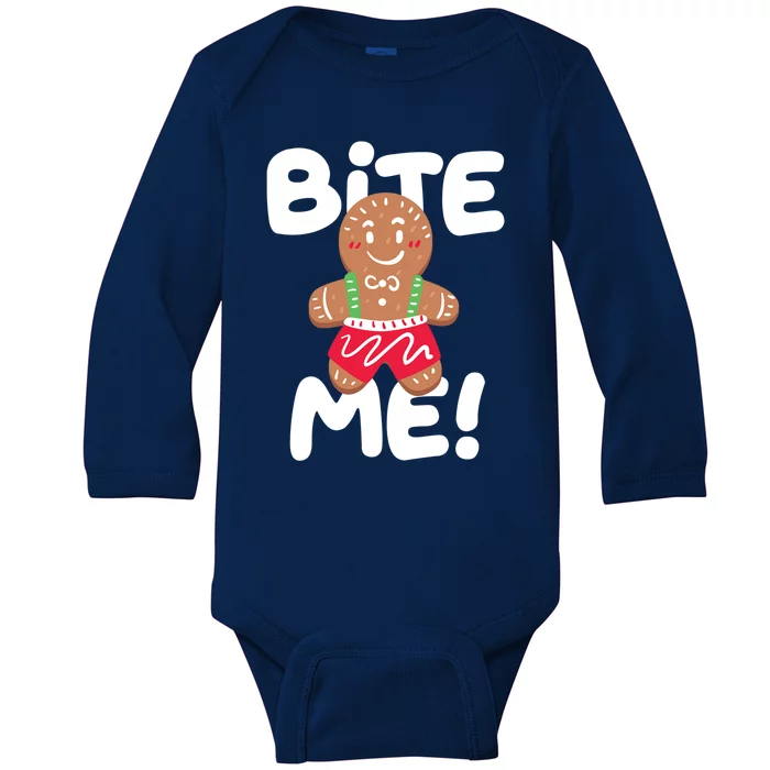 Bite Me Funny Christmas Ginger Bread Funny Gift Baby Long Sleeve Bodysuit