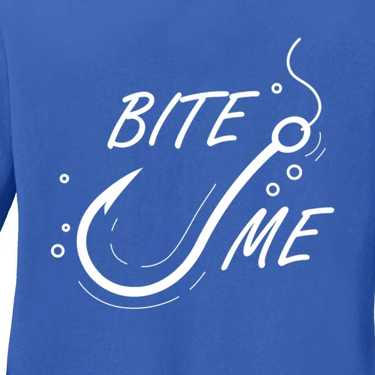 Bite Me Funny Fishing Graphic Great Gift Ladies Long Sleeve Shirt