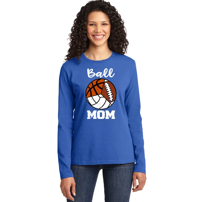 Ball Mom Funny Football Basketball Volleyball Mom Gift Ladies Long Sleeve Shirt