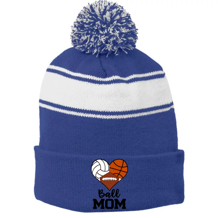 Ball Mom Funny Volleyball Basketball Football Player Mom Meaningful Gift Stripe Pom Pom Beanie