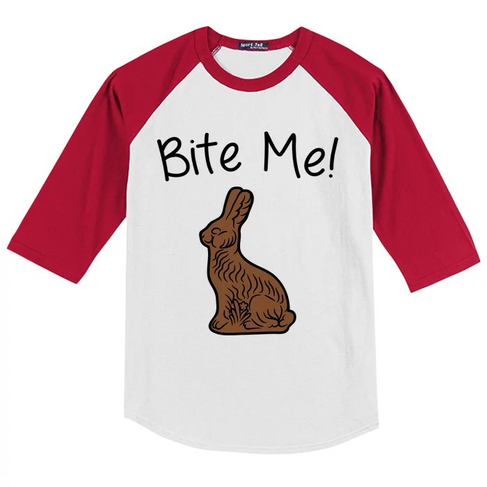 Bite Me Funny Chocolate Easter Bunny Kids Colorblock Raglan Jersey