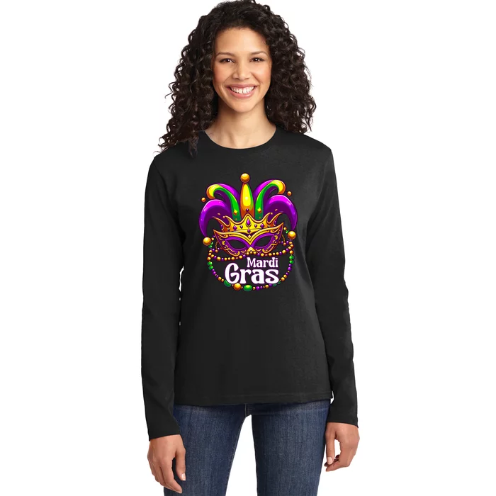 Beads Mask Feathers Hat Mardi Gras Ladies Long Sleeve Shirt