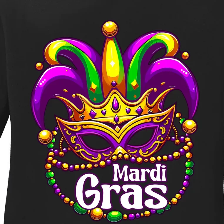 Beads Mask Feathers Hat Mardi Gras Ladies Long Sleeve Shirt