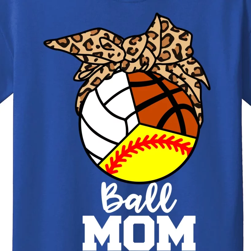 Ball Mom Funny Softball Volleyball Basketball Leopard Mom Meaningful Gift Kids T-Shirt