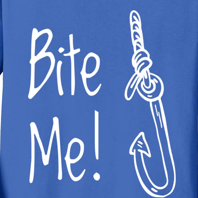 Bite Me Funny Fishing Gift Kids Long Sleeve Shirt