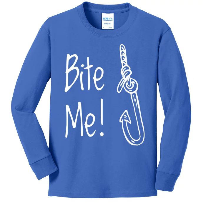 Bite Me Funny Fishing Gift Kids Long Sleeve Shirt