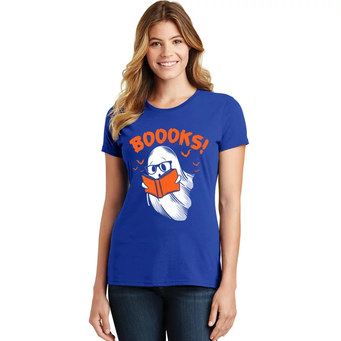 Boooks Moon Ghost Reading Halloween Bookworm Librarian Book Gift Women's T-Shirt