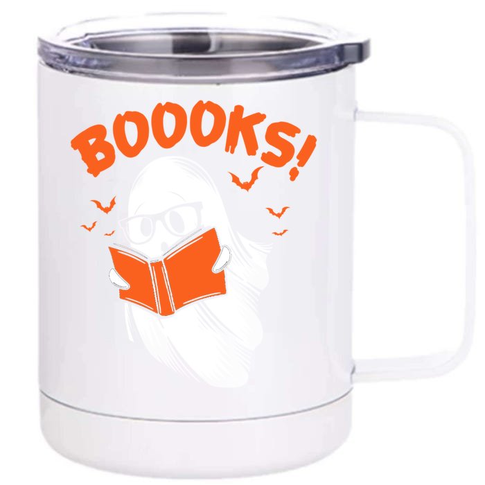 Boooks Moon Ghost Reading Halloween Bookworm Librarian Book Gift Front & Back 12oz Stainless Steel Tumbler Cup