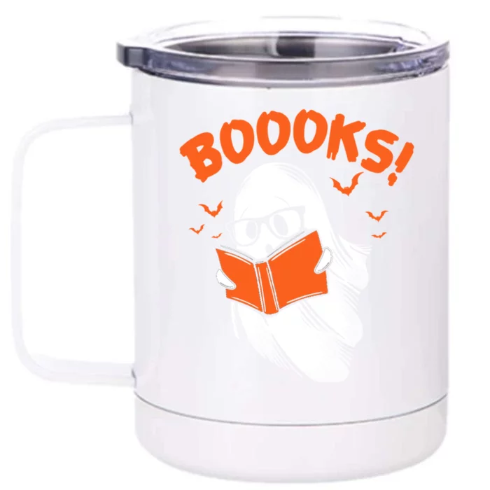 Boooks Moon Ghost Reading Halloween Bookworm Librarian Book Gift Front & Back 12oz Stainless Steel Tumbler Cup