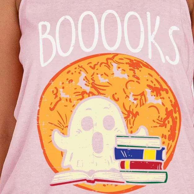 Boooks Moon Ghost Halloween Bookworm Librarian Teacher Book Great Gift Women's Knotted Racerback Tank