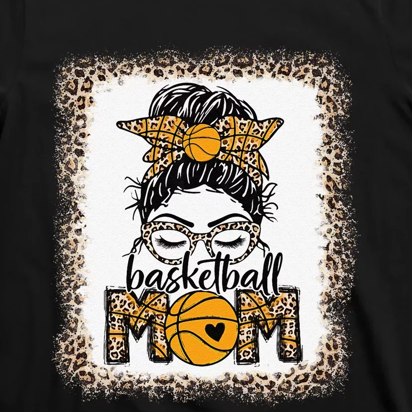 Basketball Mom Game Day Messy Bun Leopard Bleached T-Shirt