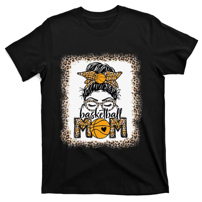 Basketball Mom Game Day Messy Bun Leopard Bleached T-Shirt