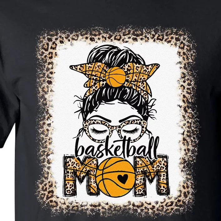 Basketball Mom Game Day Messy Bun Leopard Bleached Tall T-Shirt