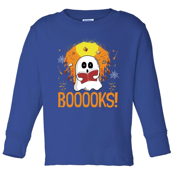 Boooks Moon Ghost Reading Halloween Bookworm Librarian Book Gift Toddler Long Sleeve Shirt