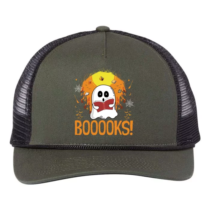 Boooks Moon Ghost Reading Halloween Bookworm Librarian Book Gift Retro Rope Trucker Hat Cap