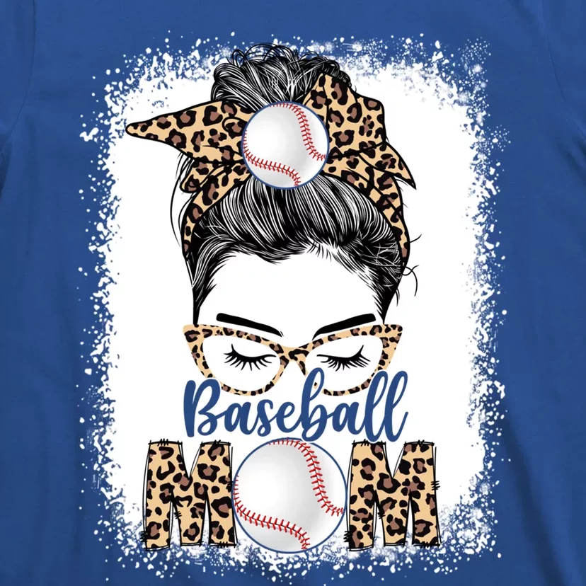 Baseball Mom Game Day Messy Bun Leopard Mothers Day Gift T-Shirt