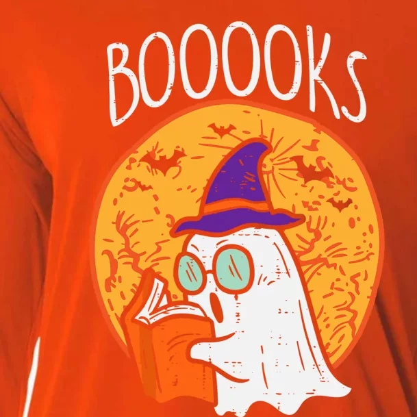 Boooks Moon Ghost Reading Halloween Bookworm Librarian Book Cool Gift Cooling Performance Long Sleeve Crew