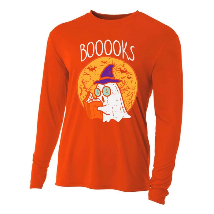 Boooks Moon Ghost Reading Halloween Bookworm Librarian Book Cool Gift Cooling Performance Long Sleeve Crew