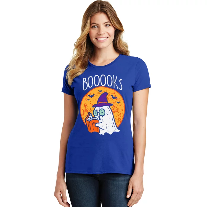 Boooks Moon Ghost Reading Halloween Bookworm Librarian Book Cool Gift Women's T-Shirt