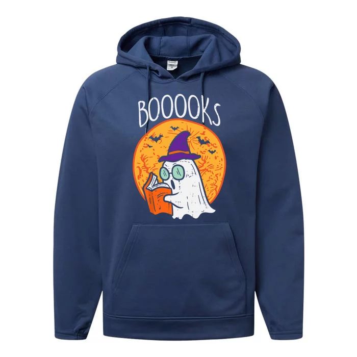 Boooks Moon Ghost Reading Halloween Bookworm Librarian Book Cool Gift Performance Fleece Hoodie