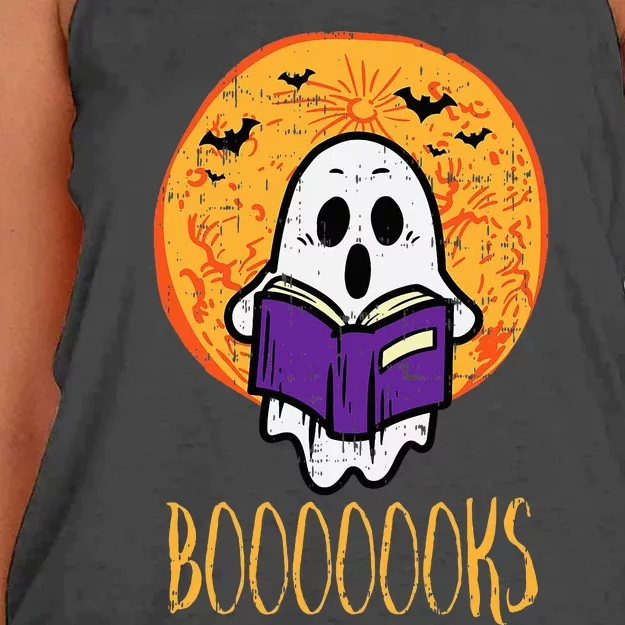 Boooks Moon Ghost Reading Halloween Bookworm Librarian Book Women's Knotted Racerback Tank