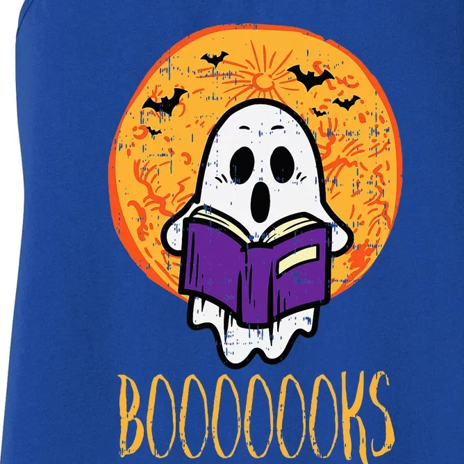 Boooks Moon Ghost Reading Halloween Bookworm Librarian Book Women's Racerback Tank