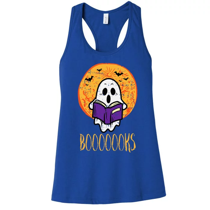 Boooks Moon Ghost Reading Halloween Bookworm Librarian Book Women's Racerback Tank