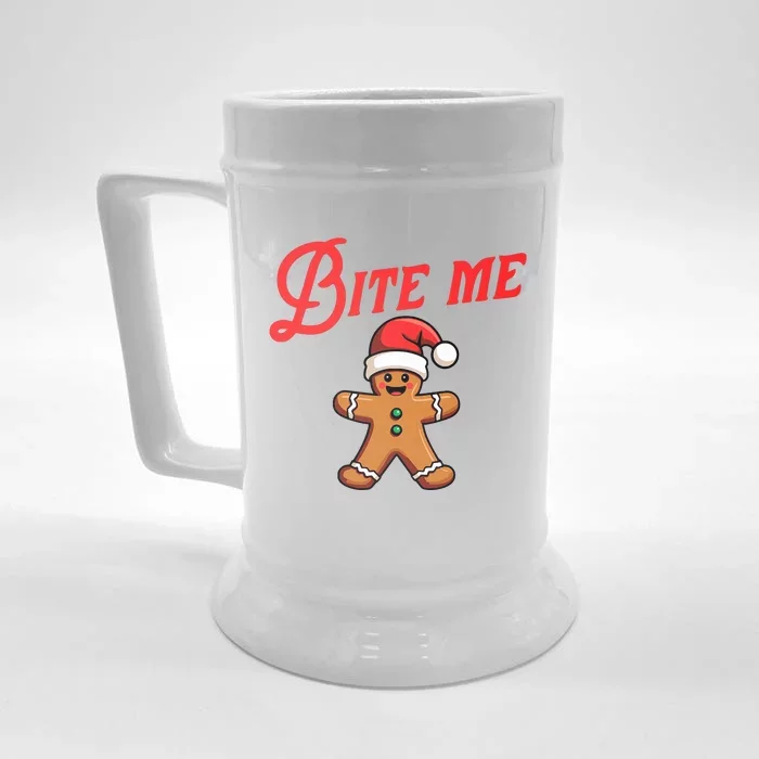 Bite Me Gingerbread Cookie Funny Sarcastic Christmas Holiday Front & Back Beer Stein